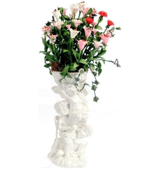 Mixed Dollhouse Miniature Flower Arrangement in Cherub Planter