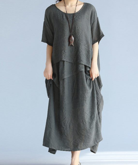baggy gray long linen dresses oversized layered cotton maxi dress vintage short sleeve cotton clothing