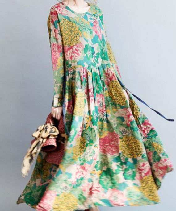 2025 fashion floral long linen dresses plus size clothing maxi dresses