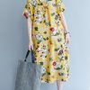 women yellow Midi linen dresses trendy plus size traveling clothing vintage back open floral cotton dresses