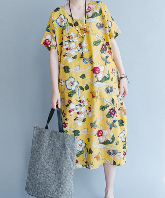 women yellow Midi linen dresses trendy plus size traveling clothing vintage back open floral cotton dresses