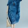 2025 blue long linen dress plus size O neck floral linen clothing dresses casual short sleeve baggy dresses linen caftans