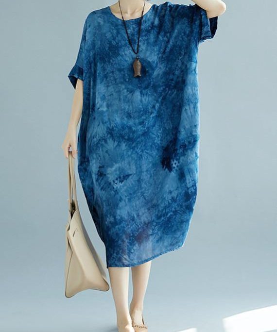 2025 blue long linen dress plus size O neck floral linen clothing dresses casual short sleeve baggy dresses linen caftans