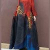 100% Red Print Tunic Pattern O Neck Large Hem Traveling Spring Dress