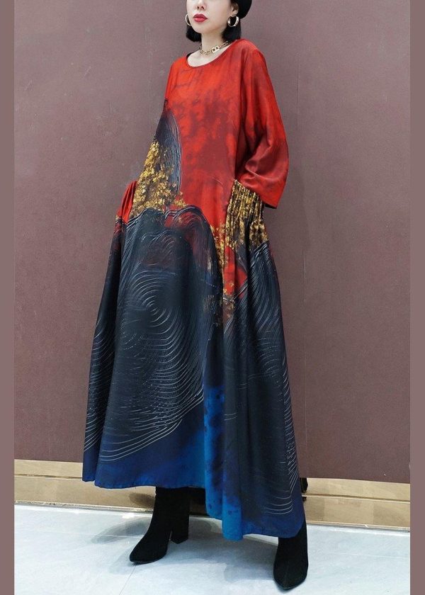 100% Red Print Tunic Pattern O Neck Large Hem Traveling Spring Dress - Image 2