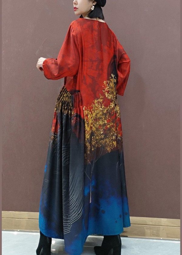 100% Red Print Tunic Pattern O Neck Large Hem Traveling Spring Dress - Image 4