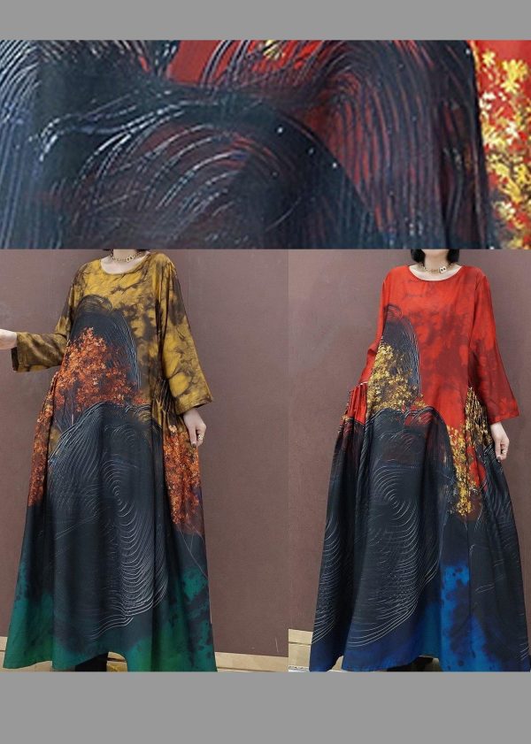 100% Red Print Tunic Pattern O Neck Large Hem Traveling Spring Dress - Image 5