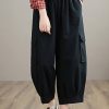 100% Spring Trousers Women's Black Pattern Elastic Waist Pockets Wild Pants
