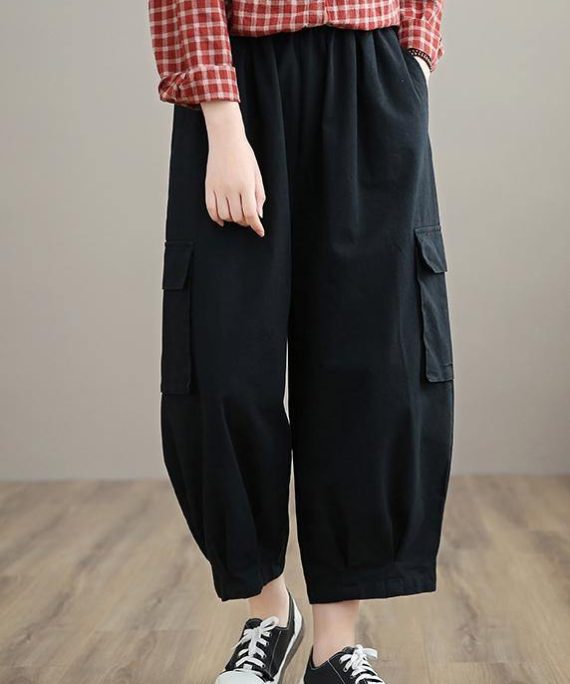 100% Spring Trousers Women's Black Pattern Elastic Waist Pockets Wild Pants