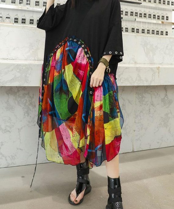 100% black cotton dresses patchwork prints chiffon Traveling summer Dresses