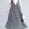 100% black floral v neck chiffon quilting dresses lace ruffles Maxi summer Dress