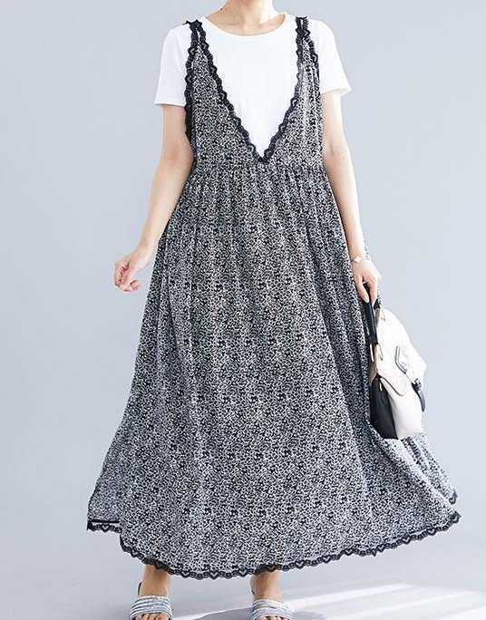 100% black floral v neck chiffon quilting dresses lace ruffles Maxi summer Dress
