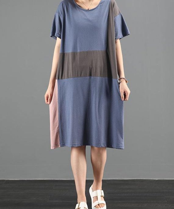 100% blue clothes o neck patchwork Plus Size summer Dresses