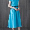 100% blue linen dresses o neck patchwork Love summer Dresses