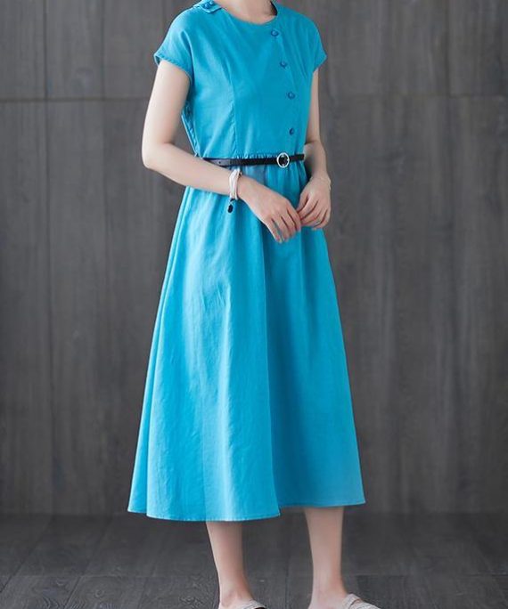 100% blue linen dresses o neck patchwork Love summer Dresses