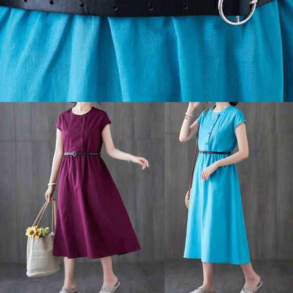 100% blue linen dresses o neck patchwork Love summer Dresses - Image 5