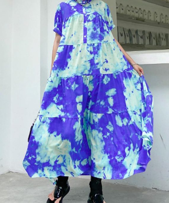 100% blue print cotton tunics for women stand collar patchwork Plus Size Dresses