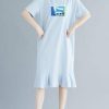 100% blue prints o neck cotton dress ruffles hem Robe summer Dresses