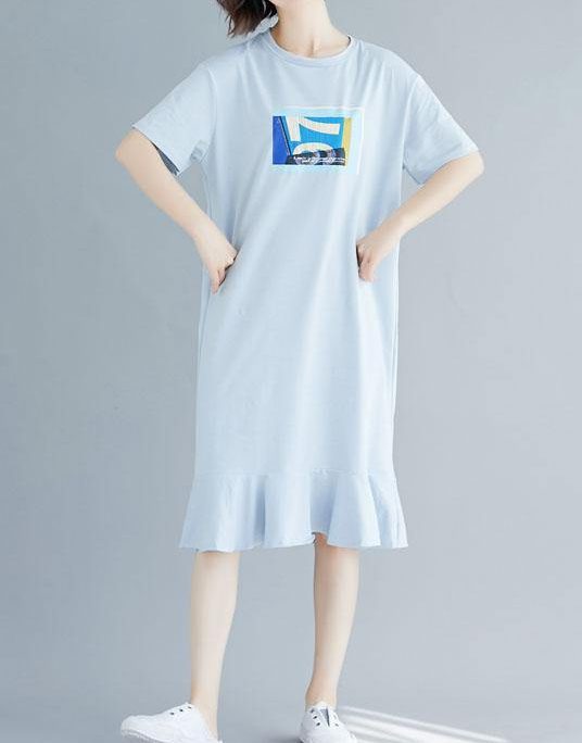 100% blue prints o neck cotton dress ruffles hem Robe summer Dresses