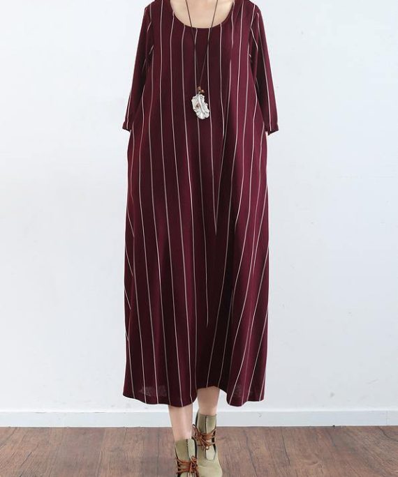 100% burgundy cotton clothes For Women plus size Catwalk striped Dresses summer Dresses