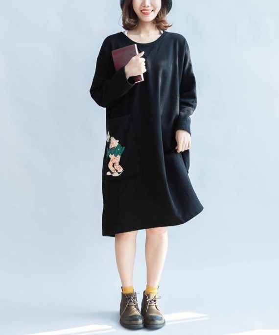 100% cotton black carton sweat dresses long sleeve cotton dresses oversized 146cm bust