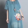 100% denim blue print dresses o neck pockets A Line summer Dress