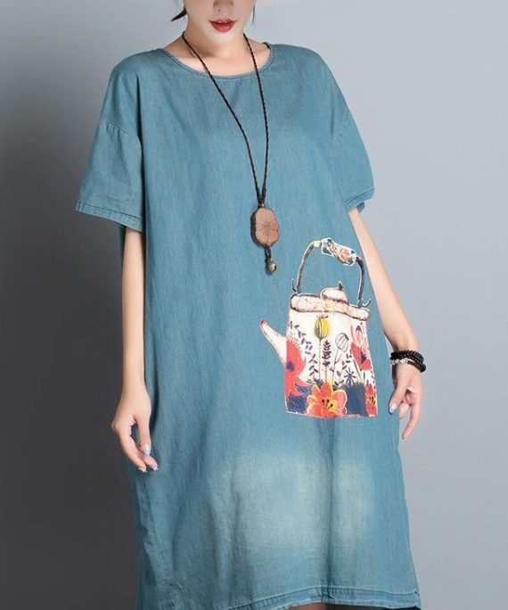 100% denim blue print dresses o neck pockets A Line summer Dress