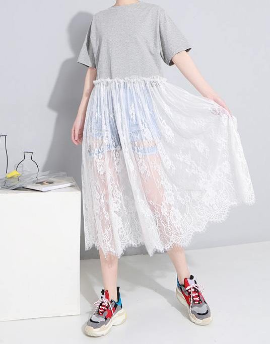 100% gray cotton clothes For Women o neck Maxi patchwork sundress