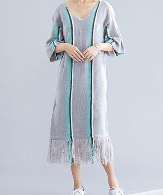 100% gray tassel cotton Tunic v neck loose Dresses