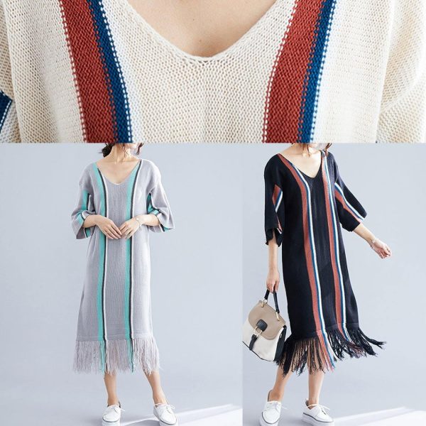 100% gray tassel cotton Tunic v neck loose Dresses - Image 5