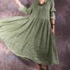100% green long sleeve cotton dresses v neck Maxi autumn Dresses
