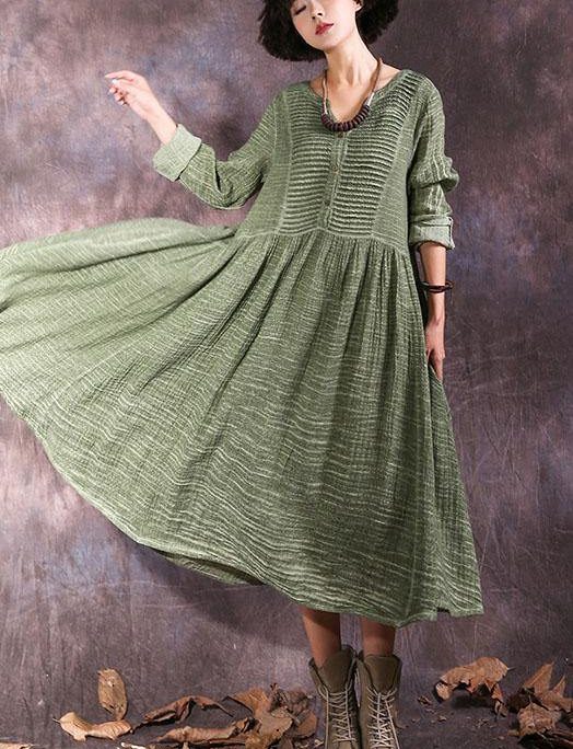 100% green long sleeve cotton dresses v neck Maxi autumn Dresses