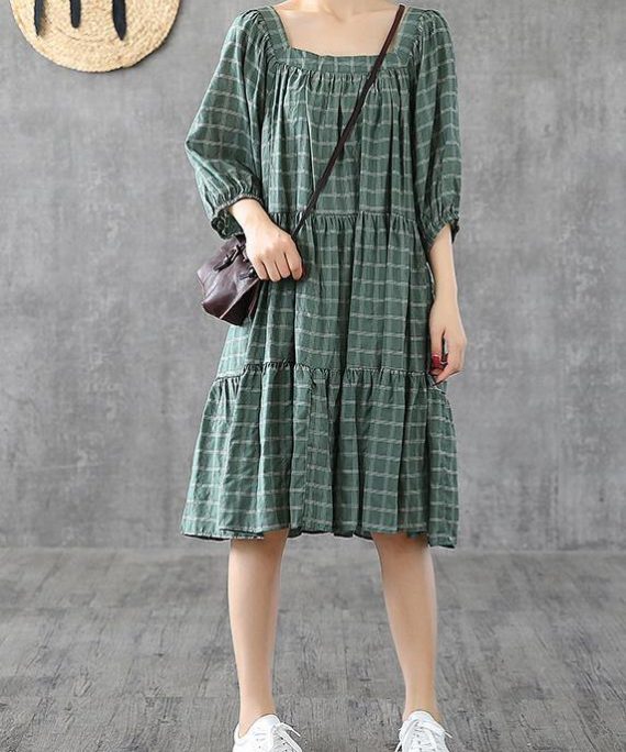 100% green plaid cotton linen Tunic Square Collar patchwork A Lin Dresses