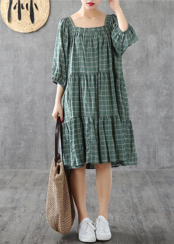 100% green plaid cotton linen Tunic Square Collar patchwork A Lin Dresses - Image 2