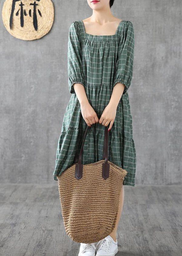100% green plaid cotton linen Tunic Square Collar patchwork A Lin Dresses - Image 3