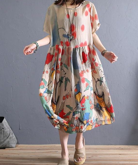 100% khaki print cotton Tunics o neck Cinched cotton robes Dresses