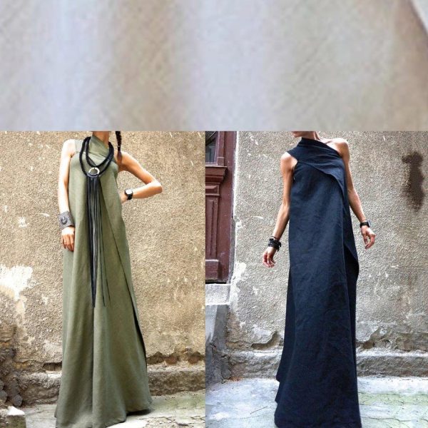 100% navy cotton linen quilting clothes sleeveless patchwork Love Dresses - Image 5