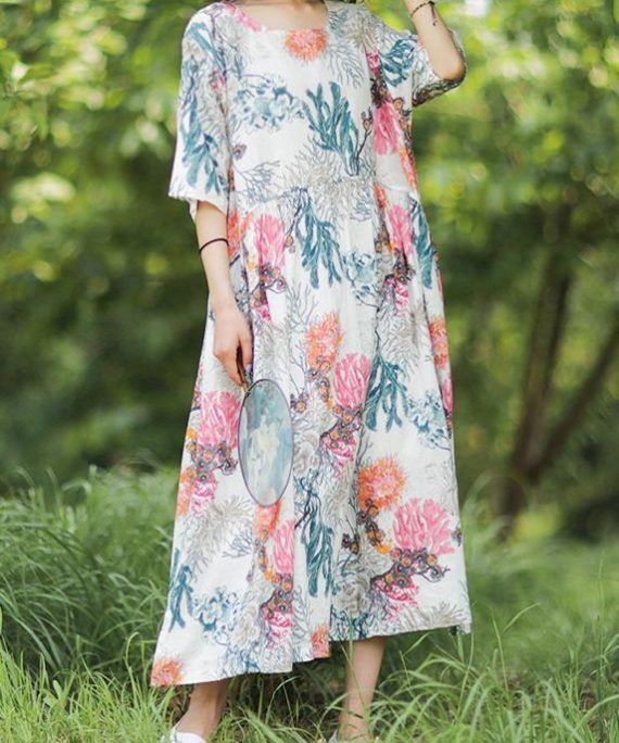 100% o neck baggy linen Robes Wardrobes white print Dress