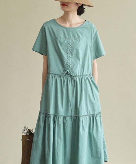 100% o neck drawstring cotton summerdresses Fabrics green Art Dresses