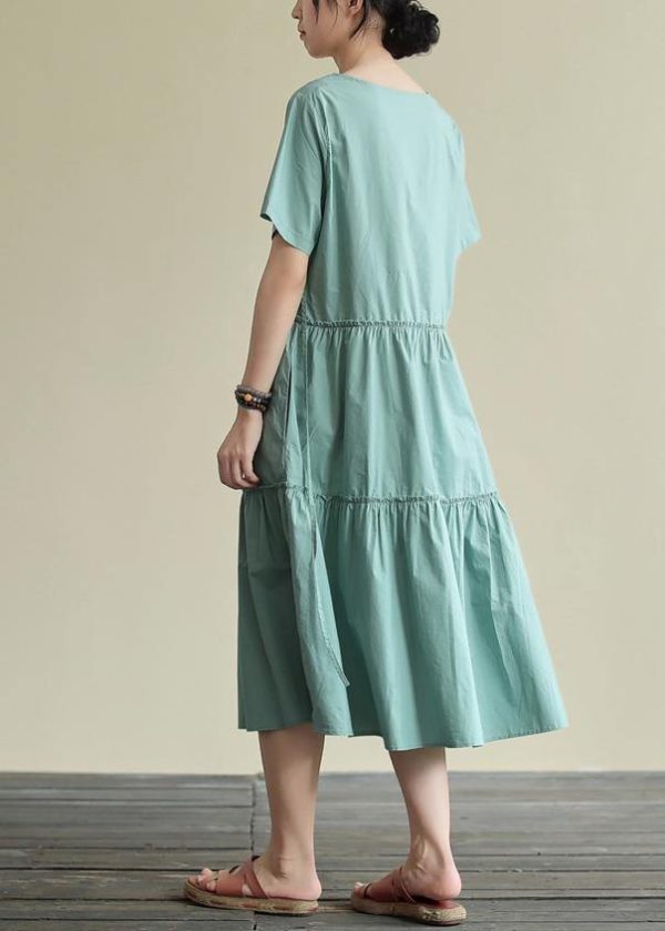 100% o neck drawstring cotton summerdresses Fabrics green Art Dresses - Image 4
