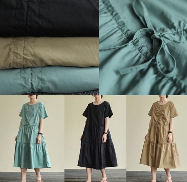 100% o neck drawstring cotton summerdresses Fabrics green Art Dresses - Image 5