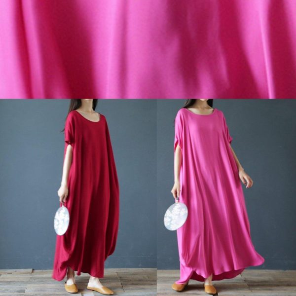 100% o neck Extra large hem summer clothes Sleeve burgundy Maxi Dress - Image 5