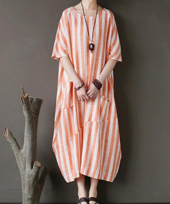 100% o neck patchwork cotton dress Tutorials orange striped Kaftan Dresses