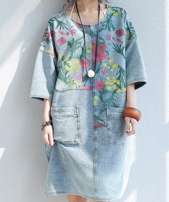 100% o neck pockets Cotton quilting dresses Catwalk floral Dresses