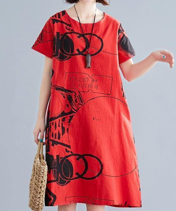100% o neck short sleeve linen cotton clothes red print Dress summer