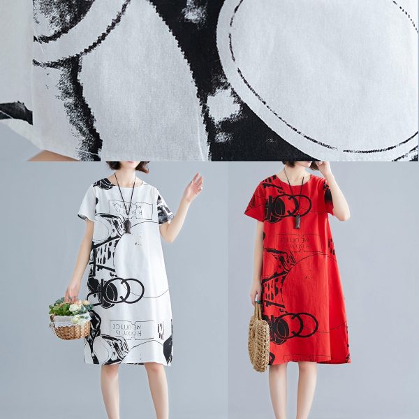 100% o neck short sleeve linen cotton clothes red print Dress summer - Image 5