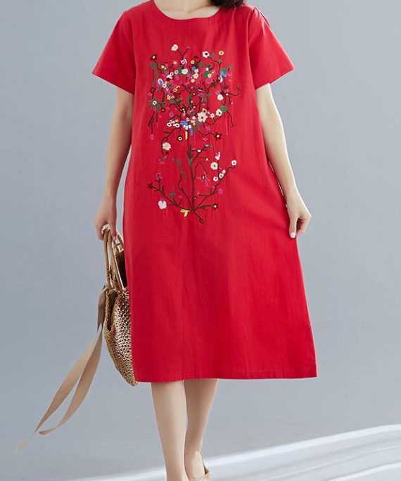 100% red Cotton Long Shirts stylish Inspiration prints Plus Size summer Dresses