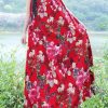 100% red floral linen sleeveless long summer Dresses