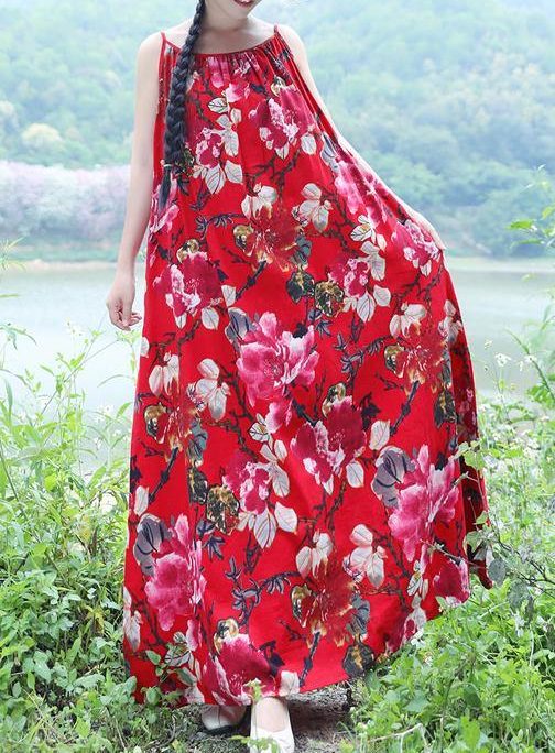 100% red floral linen sleeveless long summer Dresses
