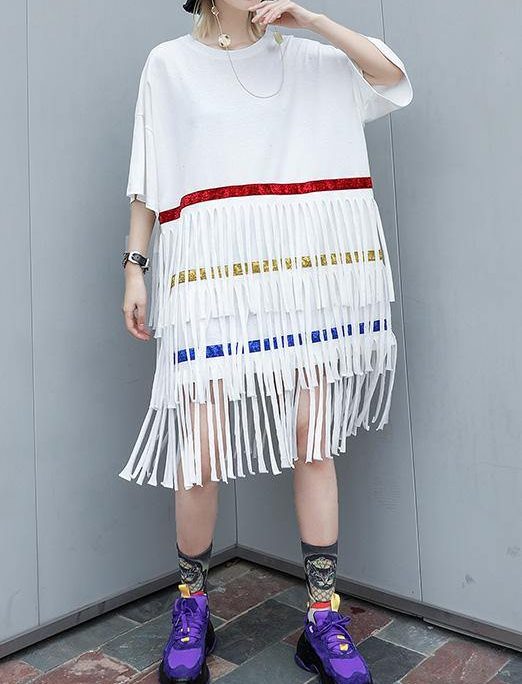 100% white Cotton clothes layered tassel shift summer Dresses